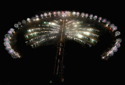 DUBAI, UNITED ARAB EMIRATES - NOVEMBER 20:  Dubai celebrates the landmark Grand Opening of Atlantis, The Palm Resort, and the Palm Jumeirah during unprecedented pyrotechnics and illumination sequences on November 20, 2008 in Dubai, United Arab Emirates.  (Photo by Daniel Berehulak/Getty Images for Atlantis, The Palm)