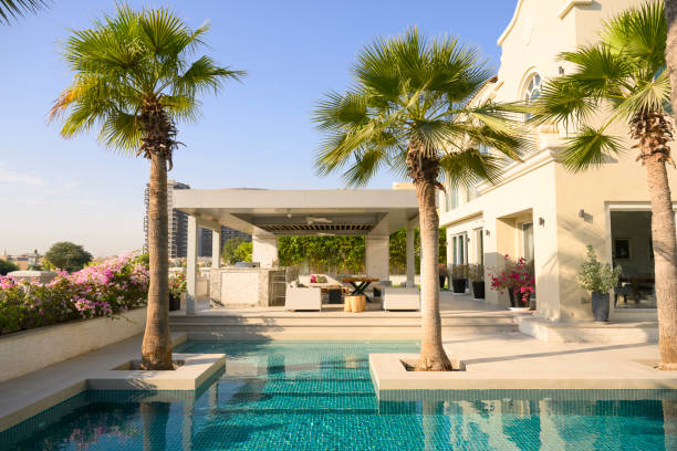 Beautiful luxury villa with swimming pool and palm trees in Dubai, United Arab Emirates